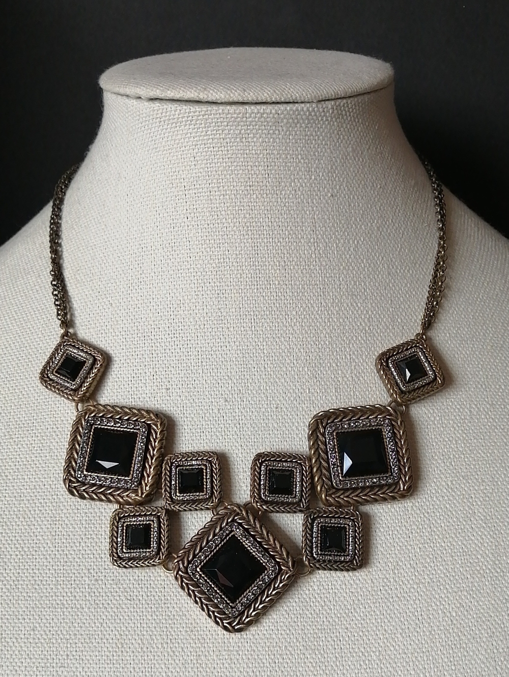 Vintage Bib Geometric Square Clear Crystals Faceted Black Bronze Colour Necklace